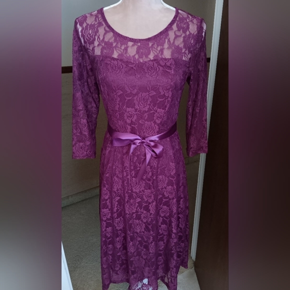 Lace~Purple Floral A-line Formal Dress Sash Bow Belt NWOT - Picture 2 of 14